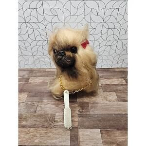 Vtg Herman Pecker MOHAIR PEKINGESE DOG Plush W/chain & Brush 1950-1960's Kitschy